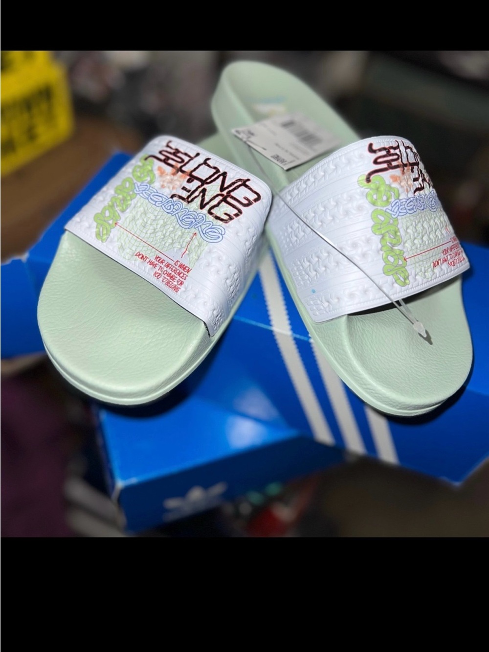 Adidas Kids' White & Mint Slide Sandals Size 6